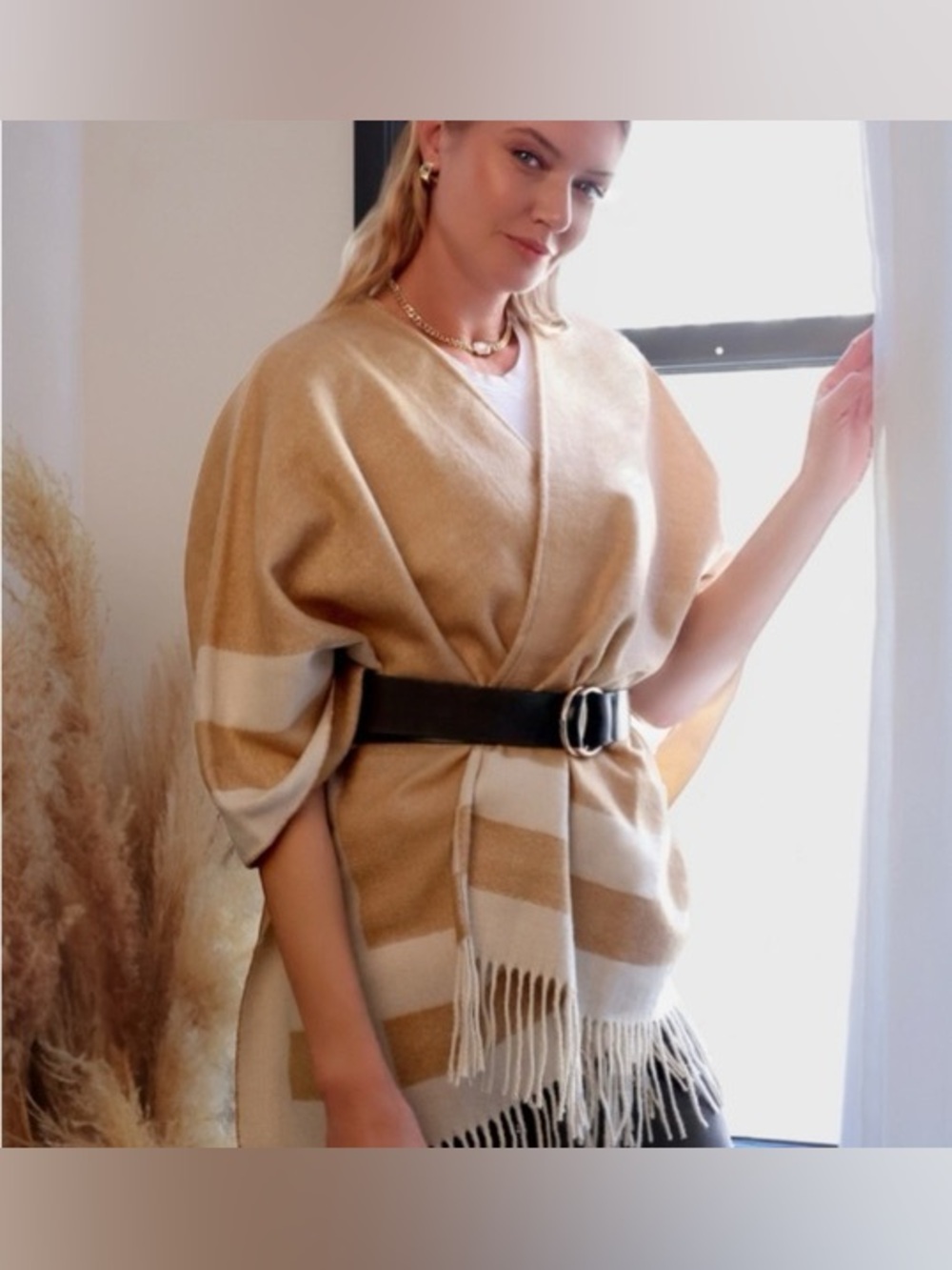 NWT Ted Baker Veruschka Poncho Camel Ivory Fringe Wrap O/S